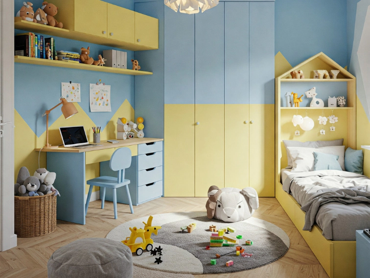Cameretta per bambini con colori armoniosi, arredi funzionali e decorazioni accoglienti per un ambiente perfetto.