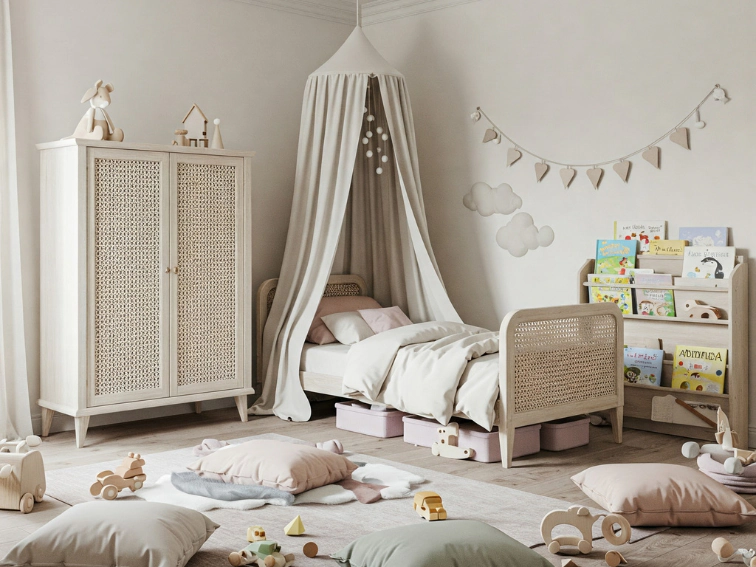 Cameretta per bambini con colori neutri come beige, grigio e bianco, mobili in legno naturale e decorazioni in tonalitร pastello.