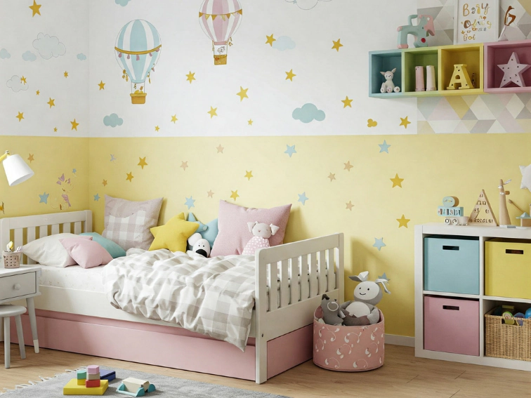 Cameretta per bambini con pareti colorate a due tonalitร , decorazioni adesive e carta da parati con motivi geometrici.