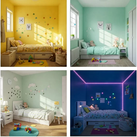 Cameretta per bambini con diverse tonalitร di colore influenzate dalla luce naturale e artificiale. Effetti cromatici sullโambiente.