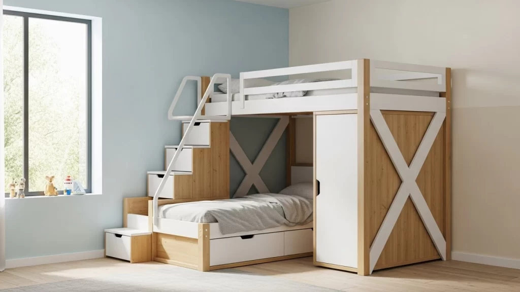 Cameretta a soppalco per due bambini con letti incrociati
