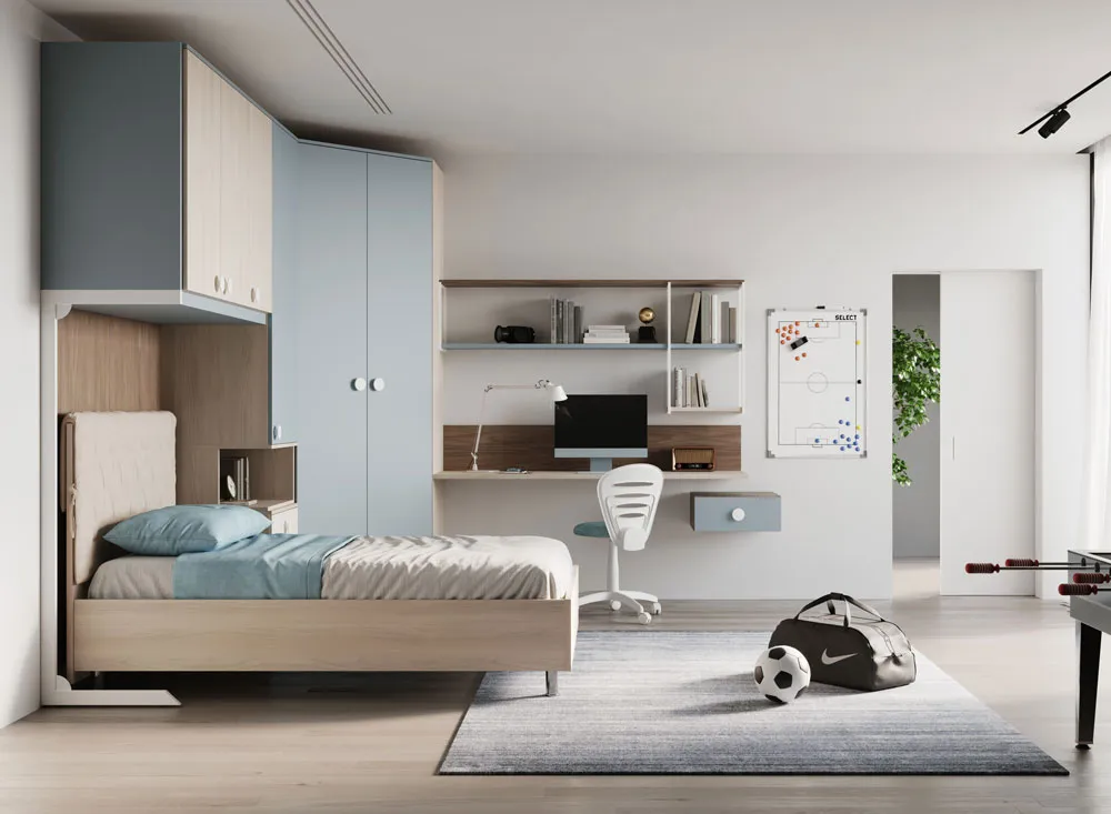 camera per ragazzo con zona studio blue e legno