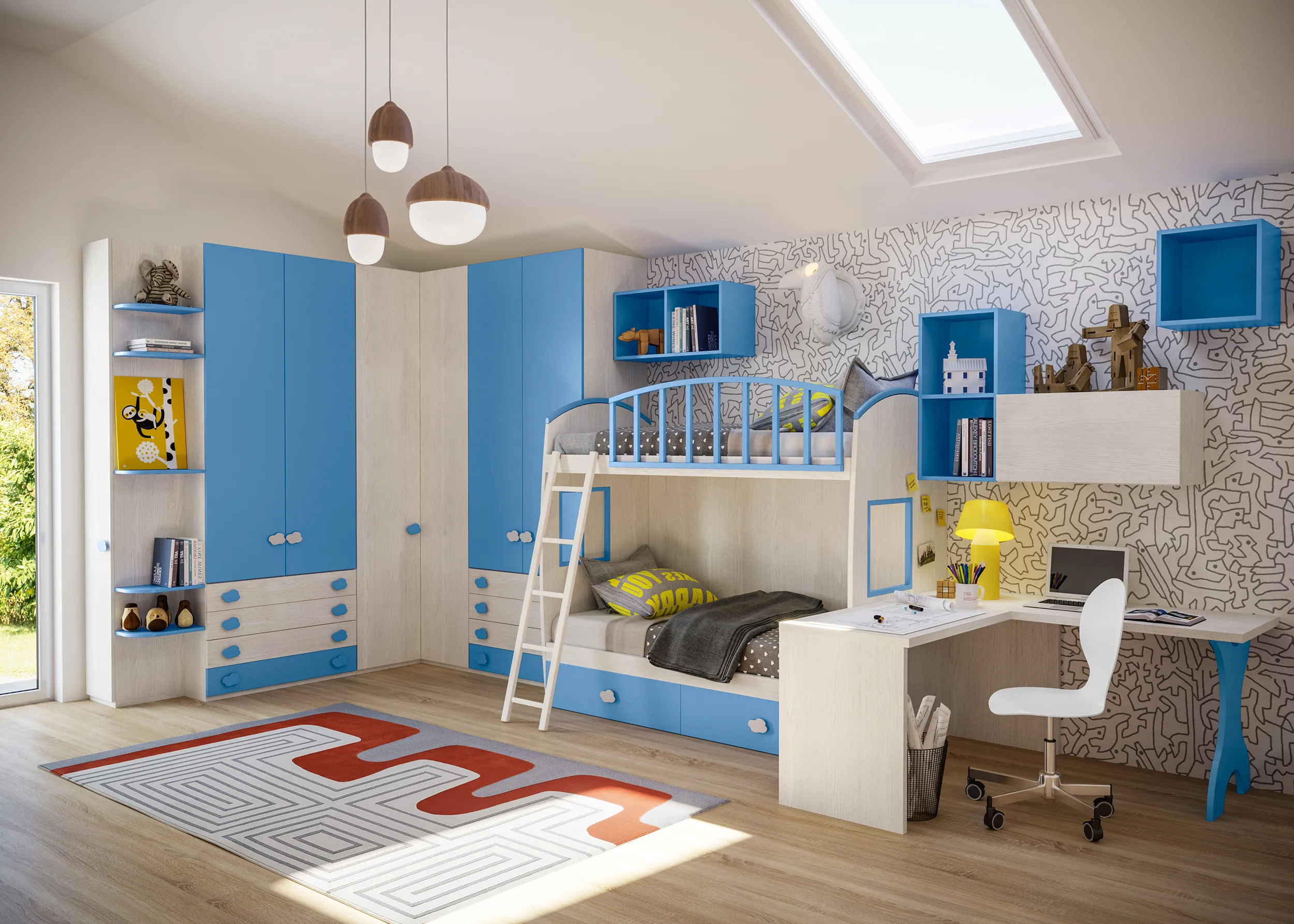 Altezza scrivania in cameretta moderna con letto a castello e zona studio
