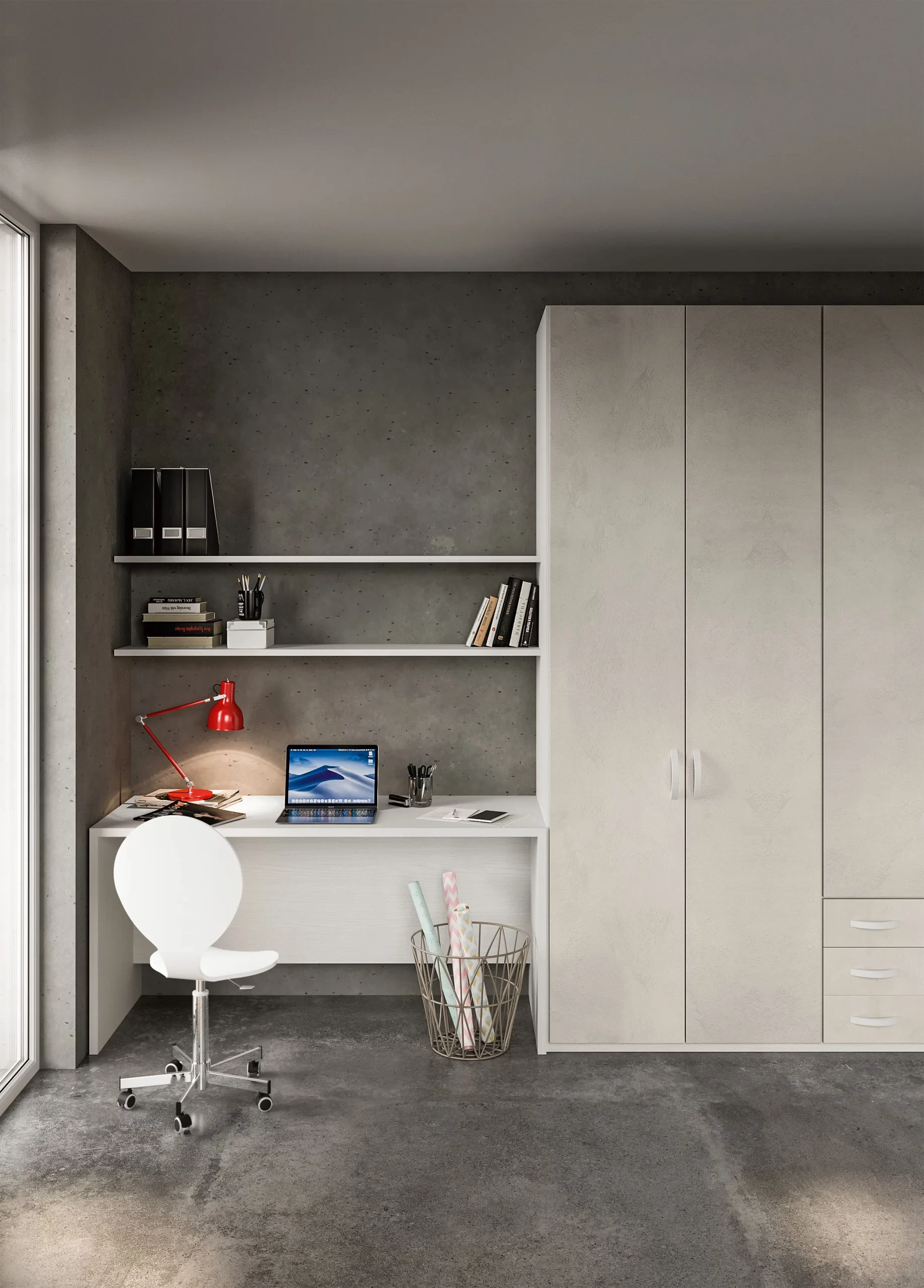 Altezza scrivania ufficio con postazione pc, sedia regolabile e armadio moderno