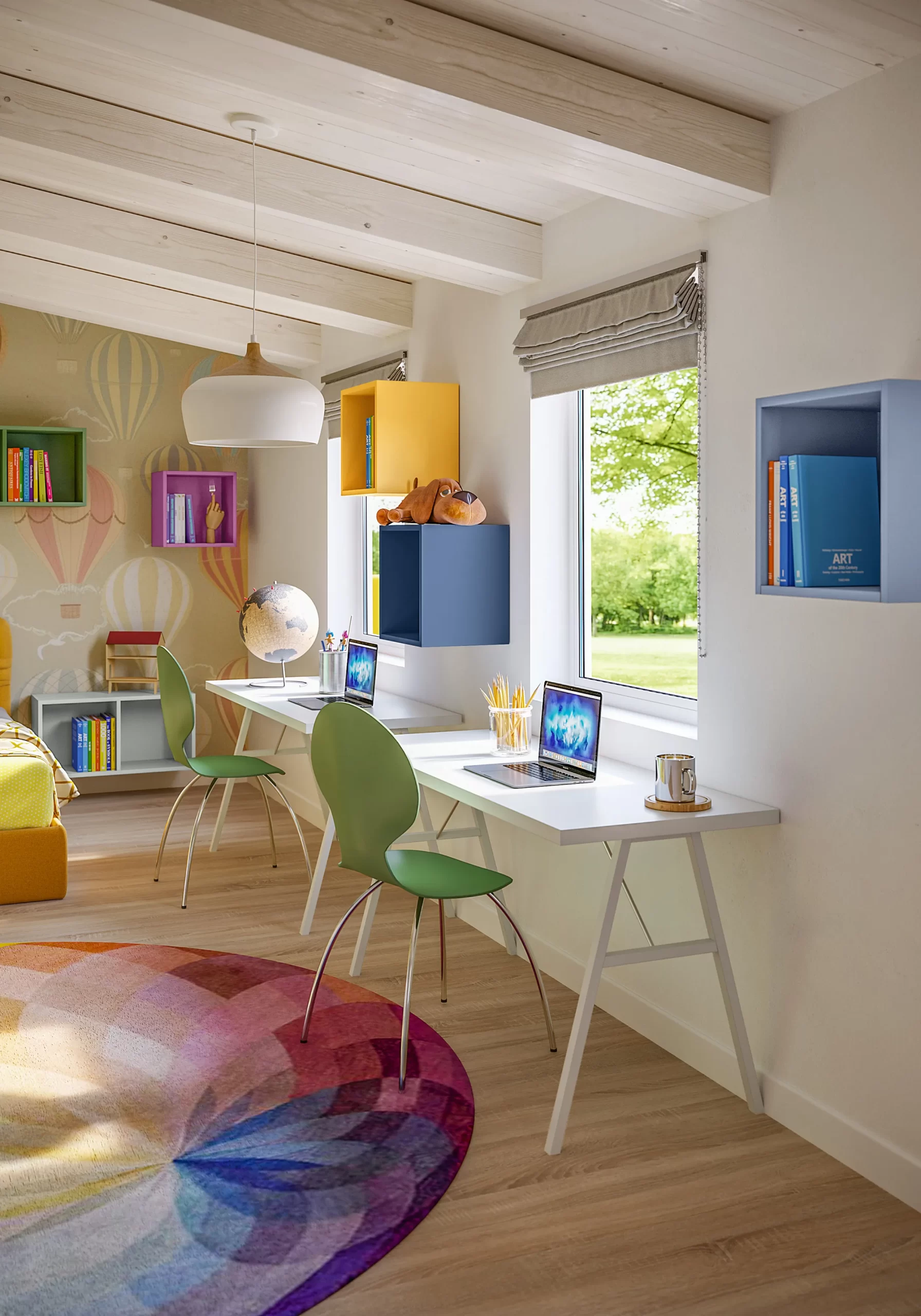 Doppia scrivania in cameretta moderna con postazioni pc e sedie per zona studio