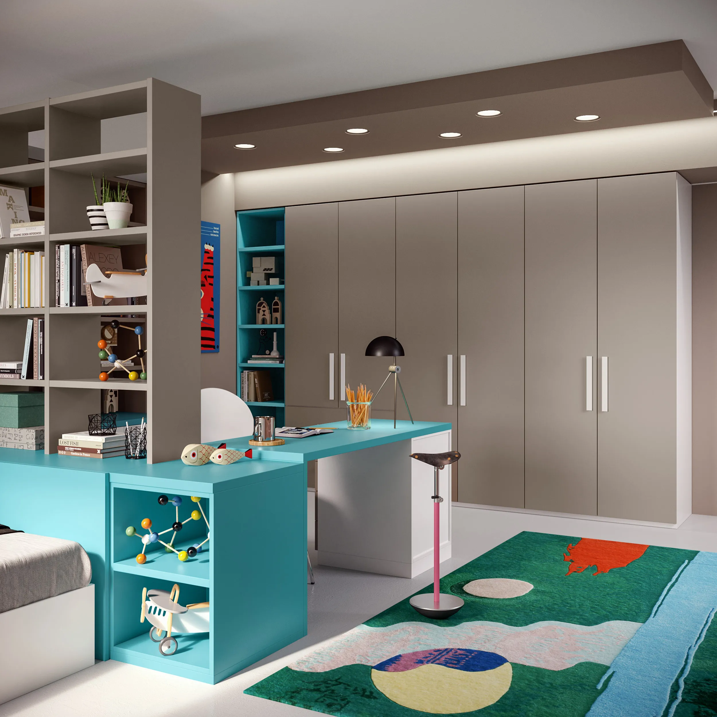 Scrivania integrata in cameretta moderna con armadio, libreria e zona studio
