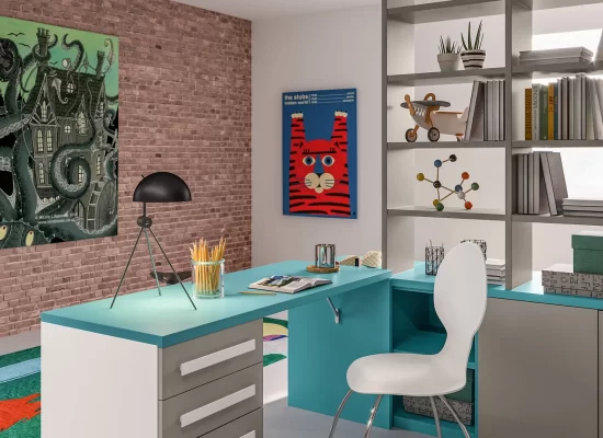Altezza scrivania corretta in cameretta moderna con zona studio e libreria